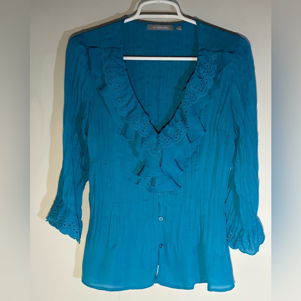 NY COLLECTION TURQUOISE RUFFLED BLOUSE
